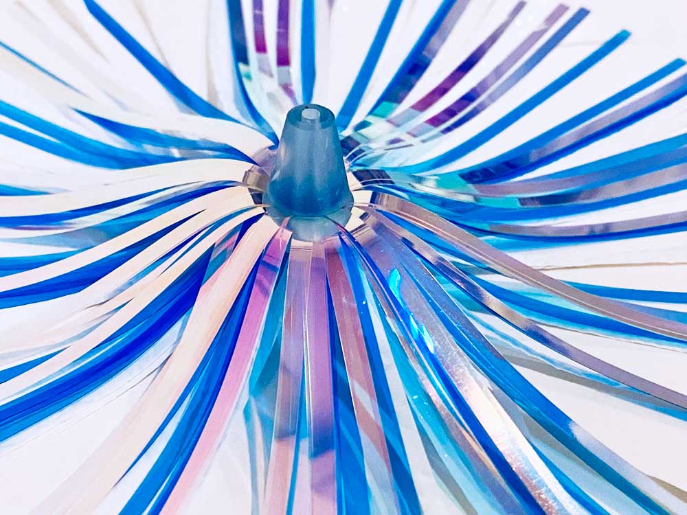Mylar Duster Lure 4.5" Blue Cotton Candy White Crinkle - close up of blue acrylic head