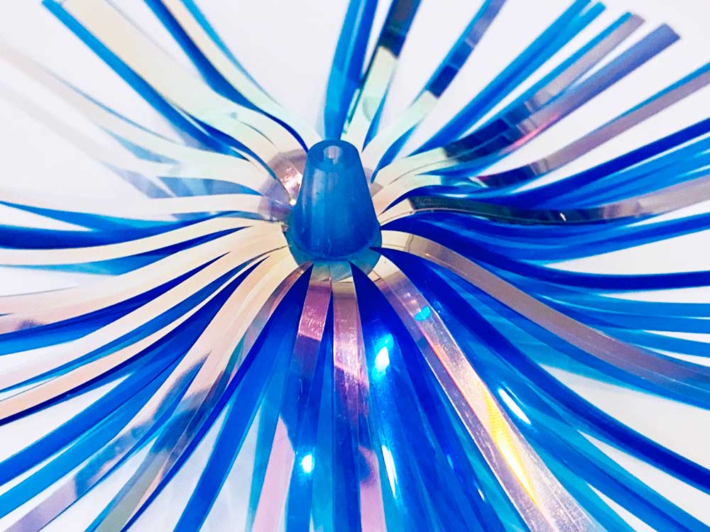 Mylar Duster Lure 4.5" Blue Silver Holographic - close up of blue acrylic head