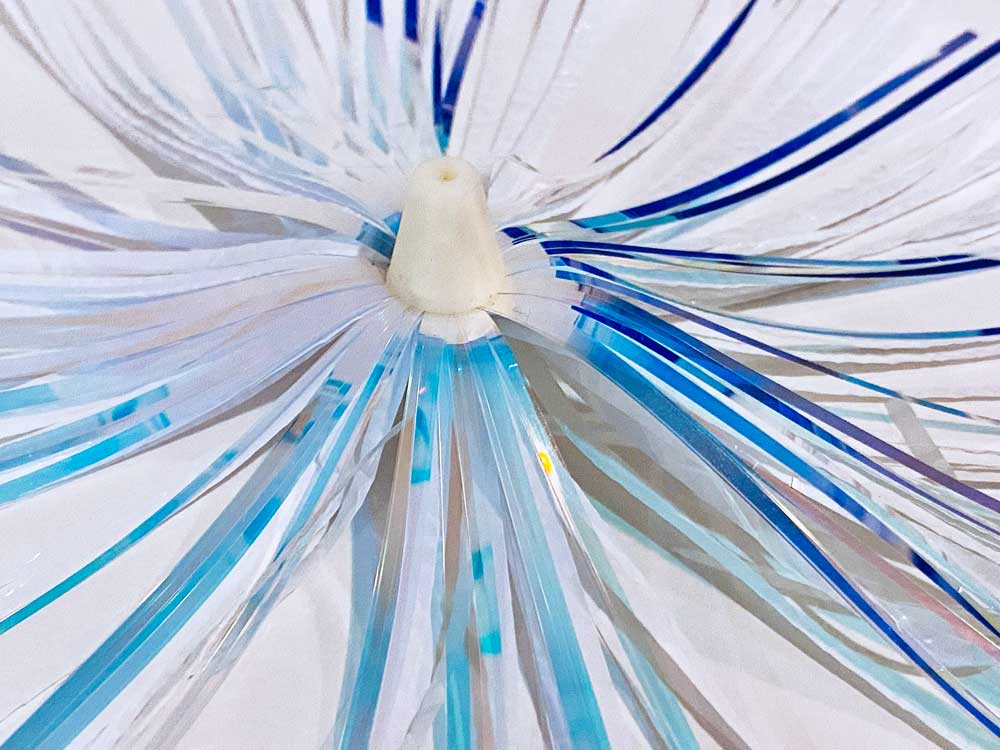 Mylar Duster Lure 4.5" Baby Blue White Crinkle - close up of white acrylic head