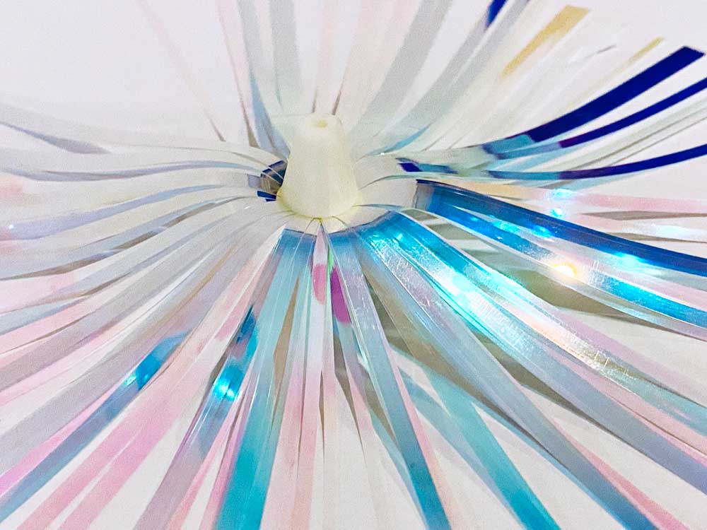 Mylar Duster Lure 4.5" Cotton Candy Holographic White - close up of white acrylic head
