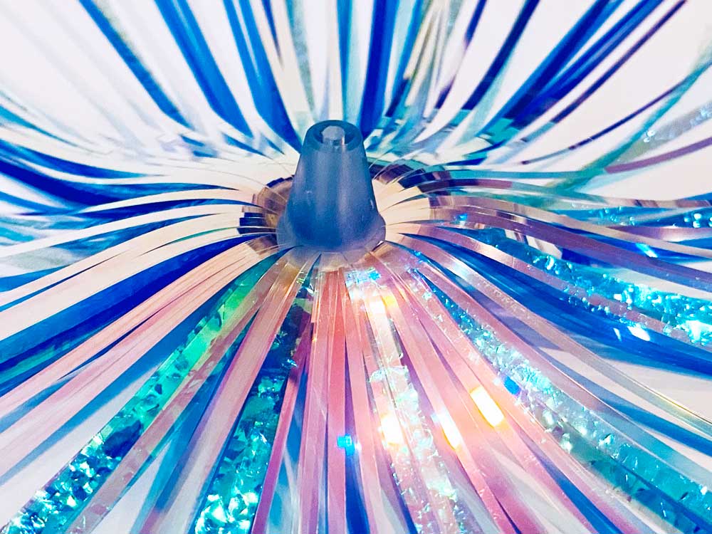Mylar Duster Lure 4.5" Blue Crinkle Holographic - close up of blue acrylic head
