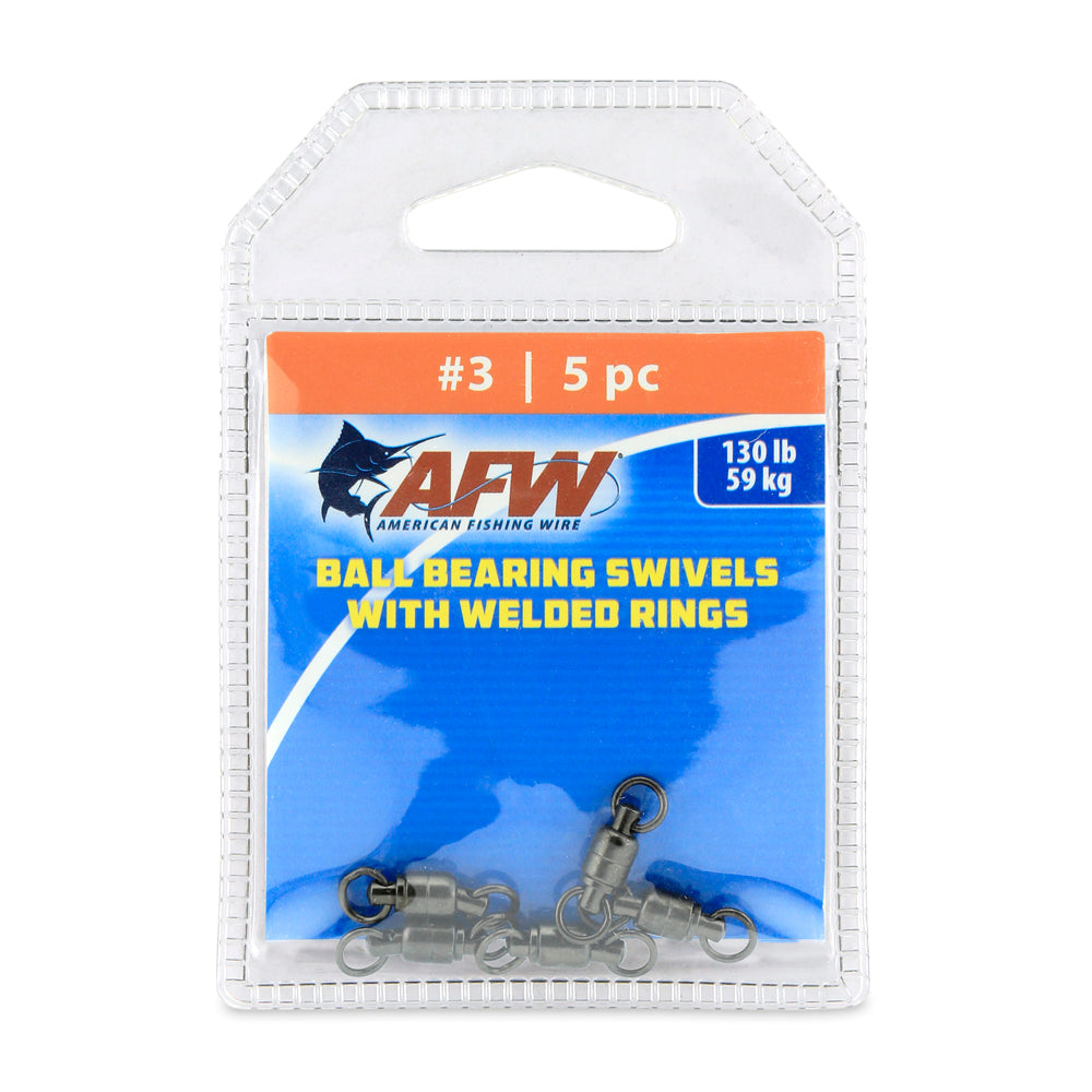 AFW Ball Bearing Swivels with Welded Rings #3 130lb 5-pack packaging