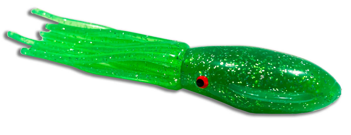 Moon Tide Fat Rubber Squid 5-1/4 inch Green Glitter side view