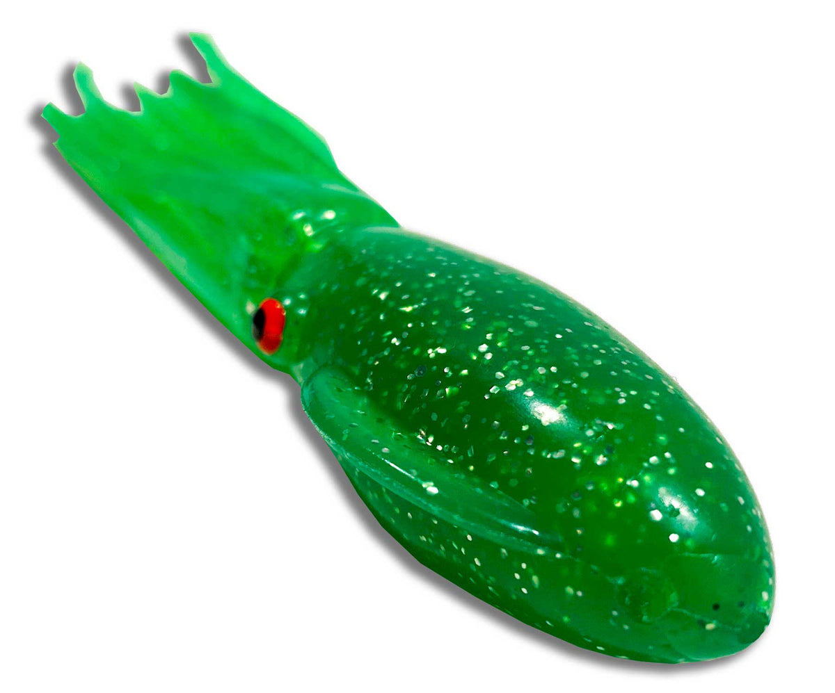 Moon Tide Fat Rubber Squid 5-1/4 inch Green Glitter close-up