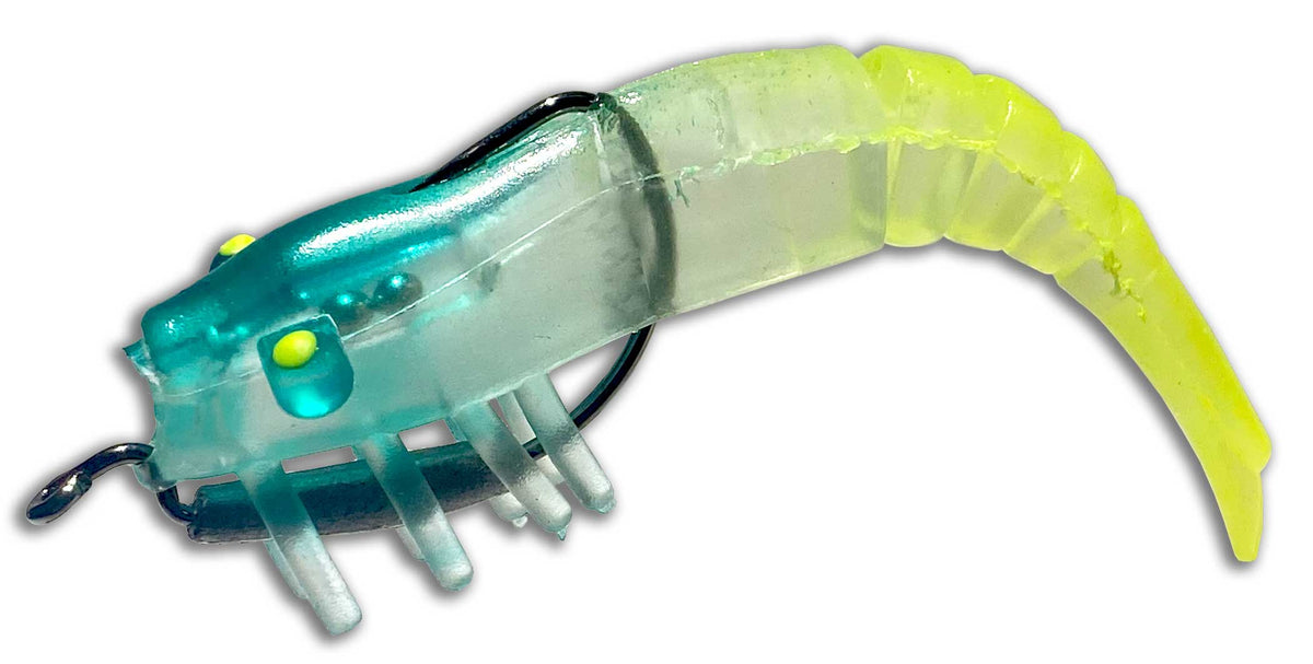Moon Tide Green/Chartreuse artificial shrimp lure with weighted hook, side view