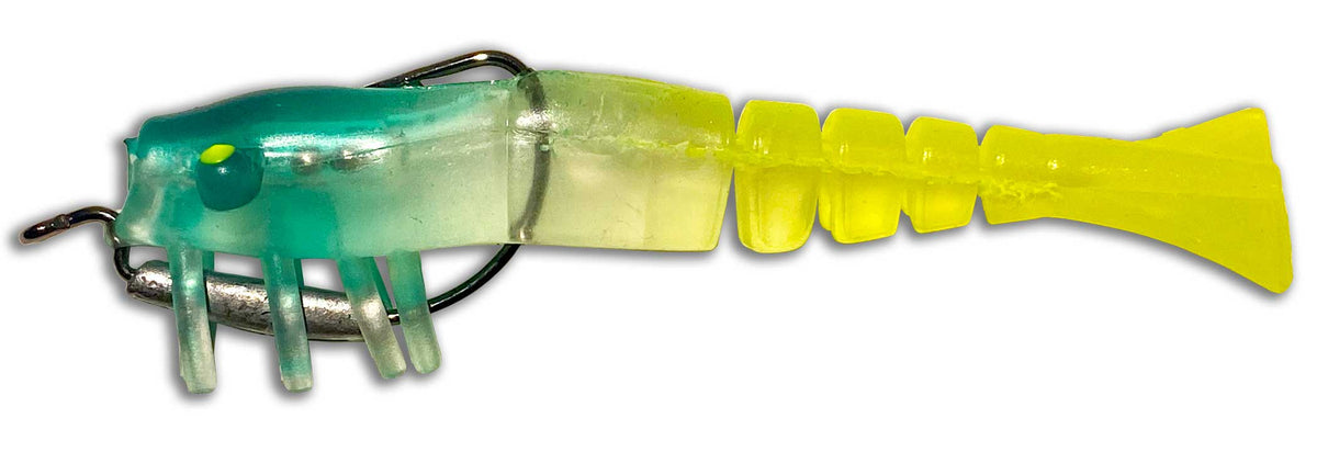 Moon Tide shrimp lure showing green body and bright chartreuse segmented tail