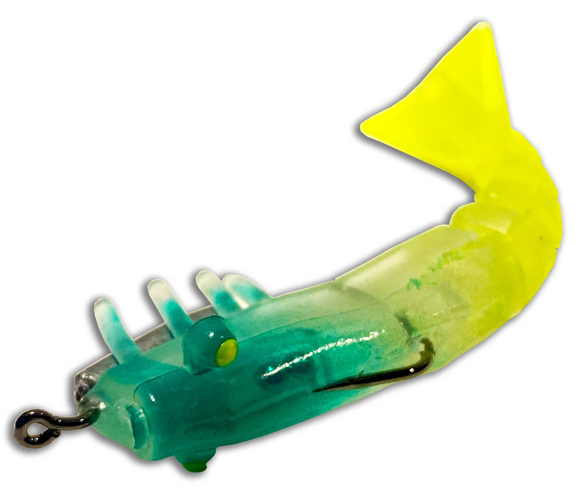 Angled view of Moon Tide Green/Chartreuse artificial shrimp lure and hook