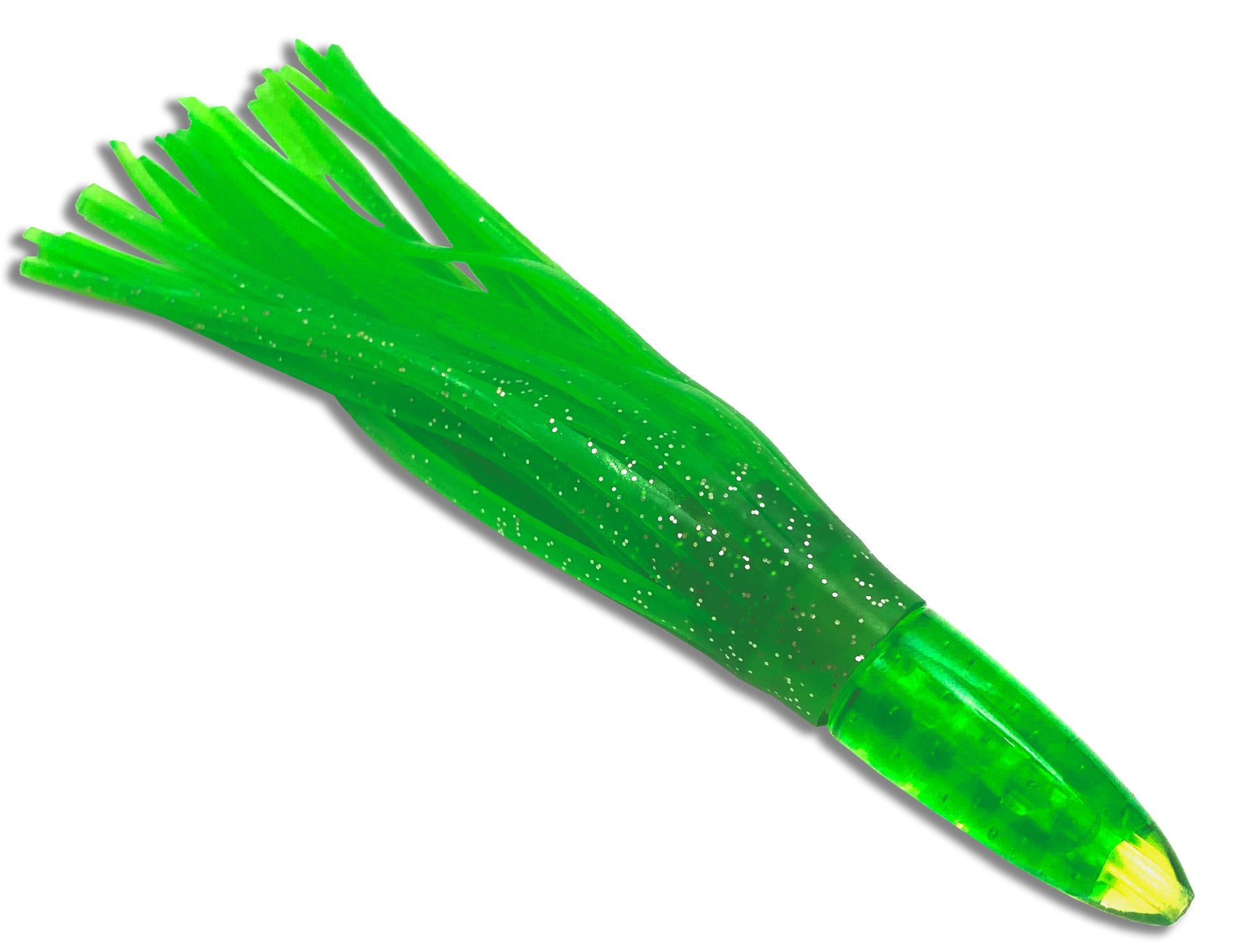 Moon Tide Green Tuna Crack 6 inch trolling lure with green glitter head and bright green double skirts