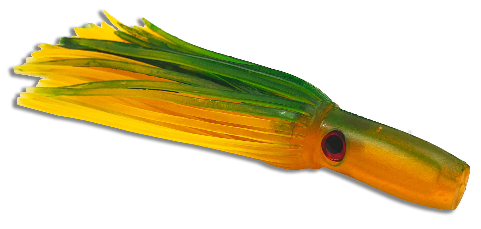 Moon Tide Soft Minis Green and Orange 5 inch soft head trolling lure for tuna