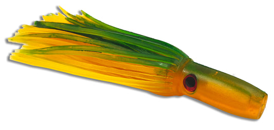Moon Tide Soft Minis Green and Orange 5 inch soft head trolling lure for tuna