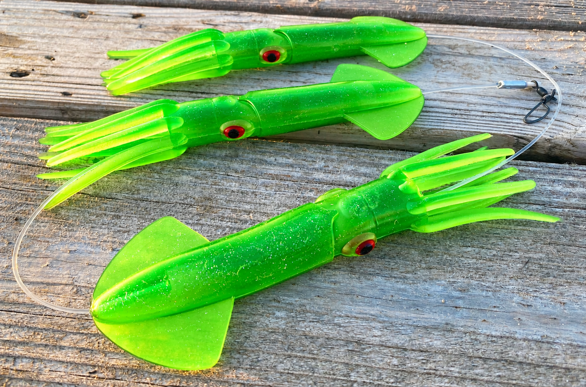 Stainless Steel Squid Dredge Moon Tide Tackle 24" 13-Drop Green Glitter