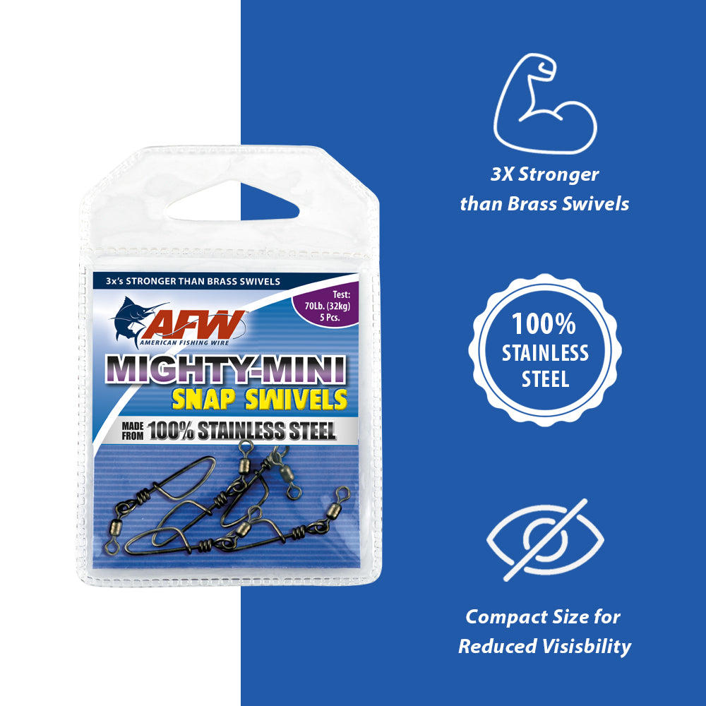 AFW Mighty Mini Snap Swivels features - 3x stronger than brass, 100% stainless steel, compact size for reduced visibility