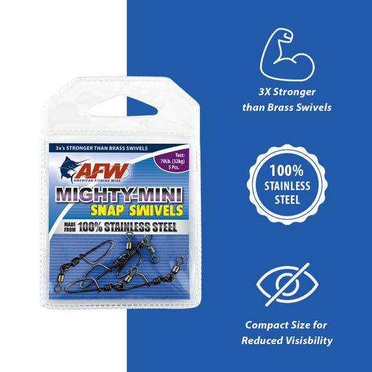 AFW Mighty Mini Snap Swivels features - 3x stronger than brass, 100% stainless steel, compact size for reduced visibility