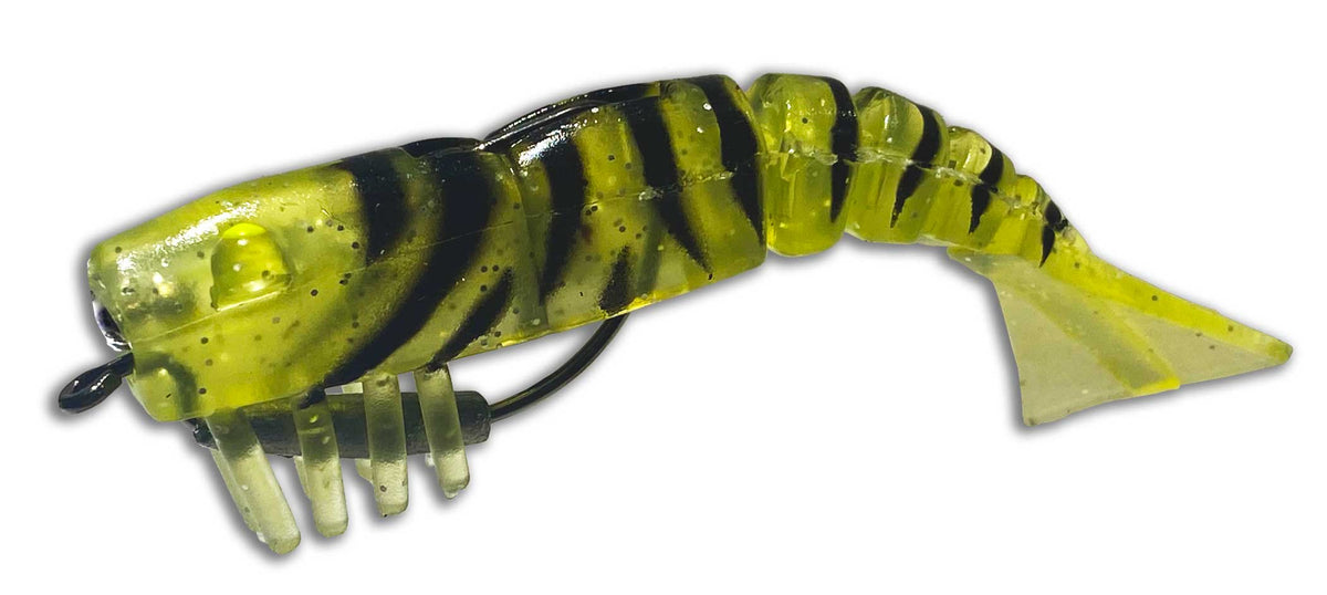 Moon Tide Natural Striped artificial shrimp lure with dark stripes and weighted hook, side view