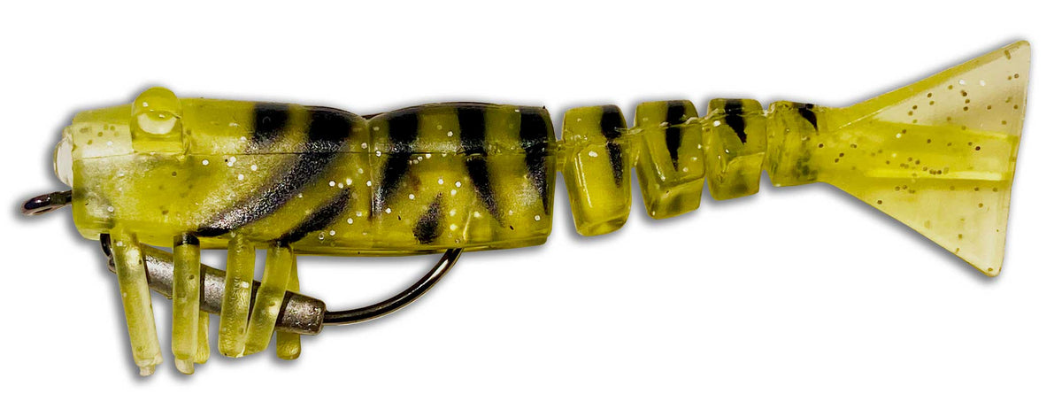 Side profile of Moon Tide Natural Striped shrimp lure showing segmented tail and hook