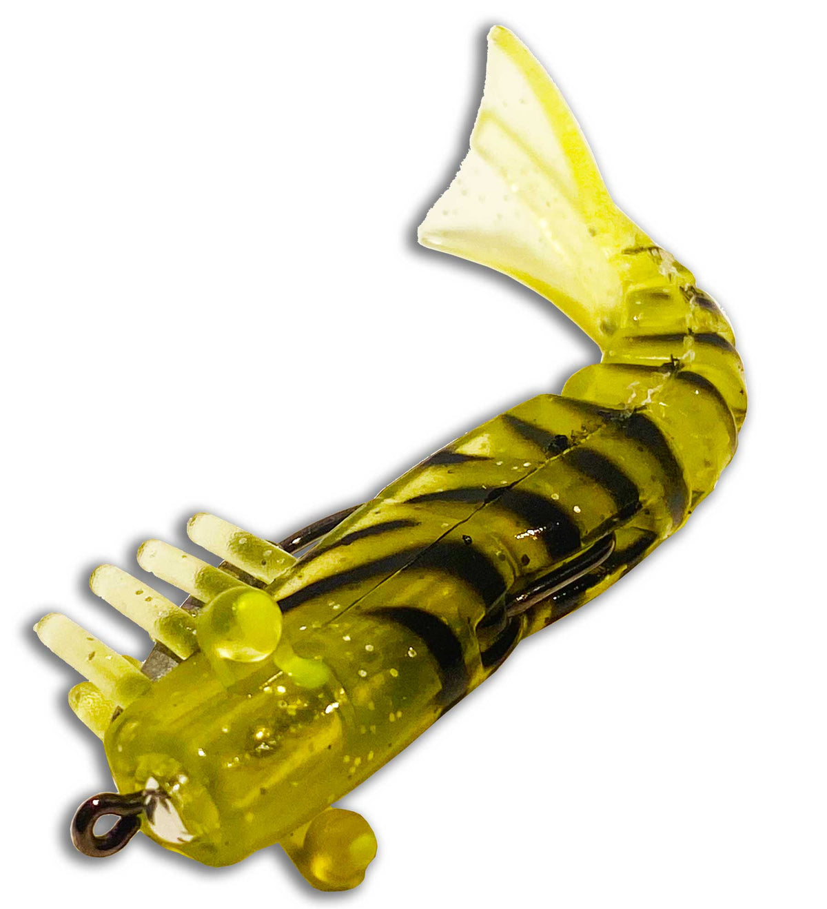 Angled view of Moon Tide Natural Striped artificial shrimp lure showing translucent body and dark stripes