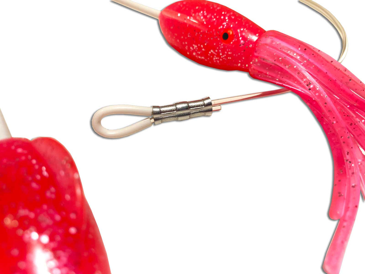 Pink squid and crimped leader detail