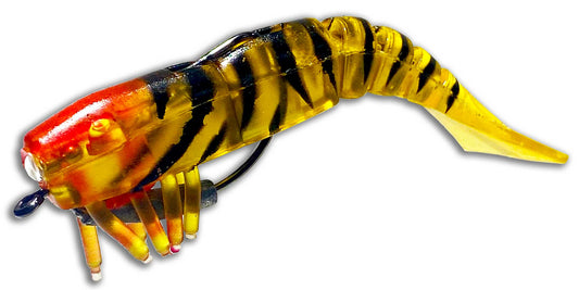 Moon Tide Tiger Striped artificial shrimp lure with golden body, black stripes, and orange-red head