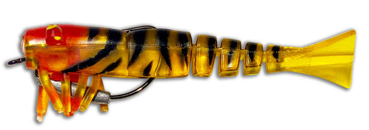 Side profile of Moon Tide Tiger Striped shrimp lure showing weighted hook and segmented tail