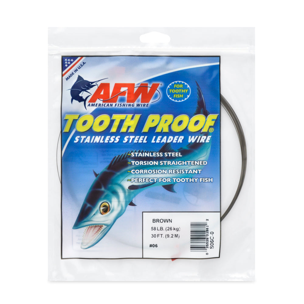 AFW #6 Tooth Proof Stainless Steel Leader Wire 58lb 30ft Camo - package front