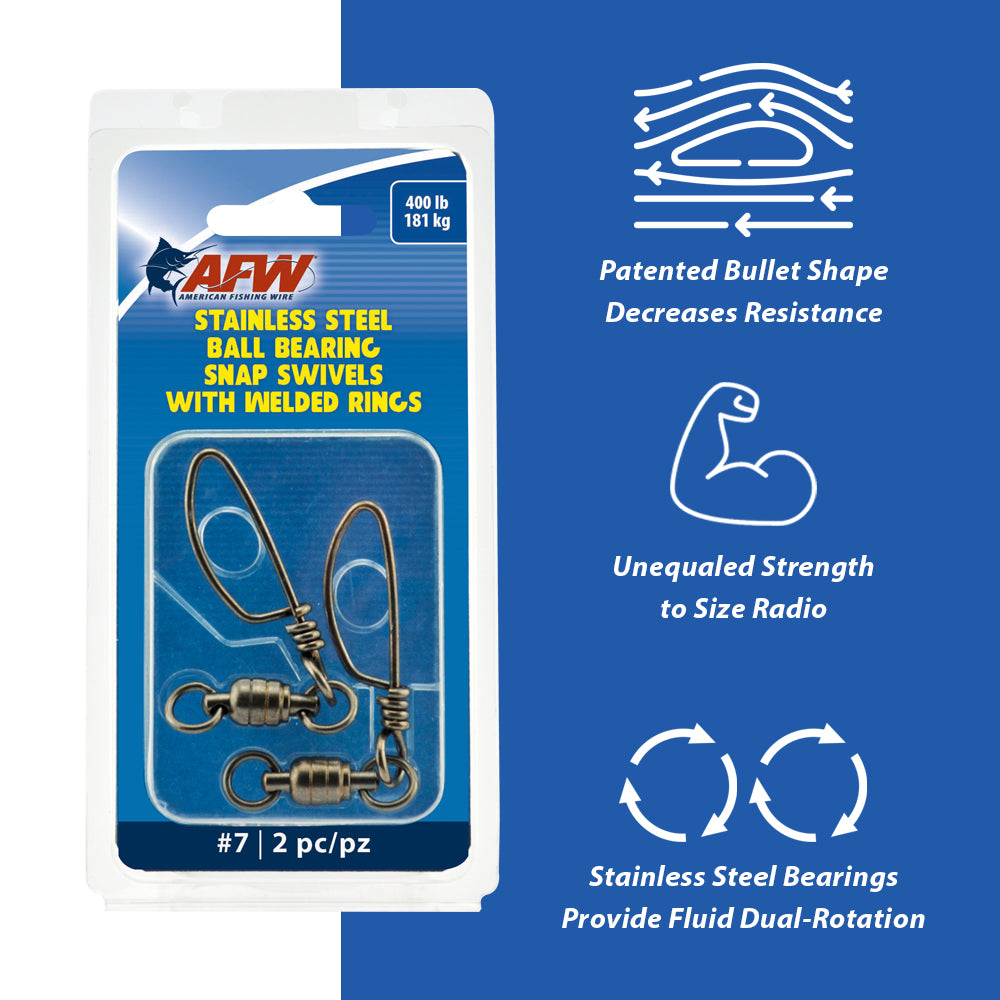 AFW Stainless Steel Ball Bearing Snap Swivels with Welded Rings #3 120lb 2-pack features